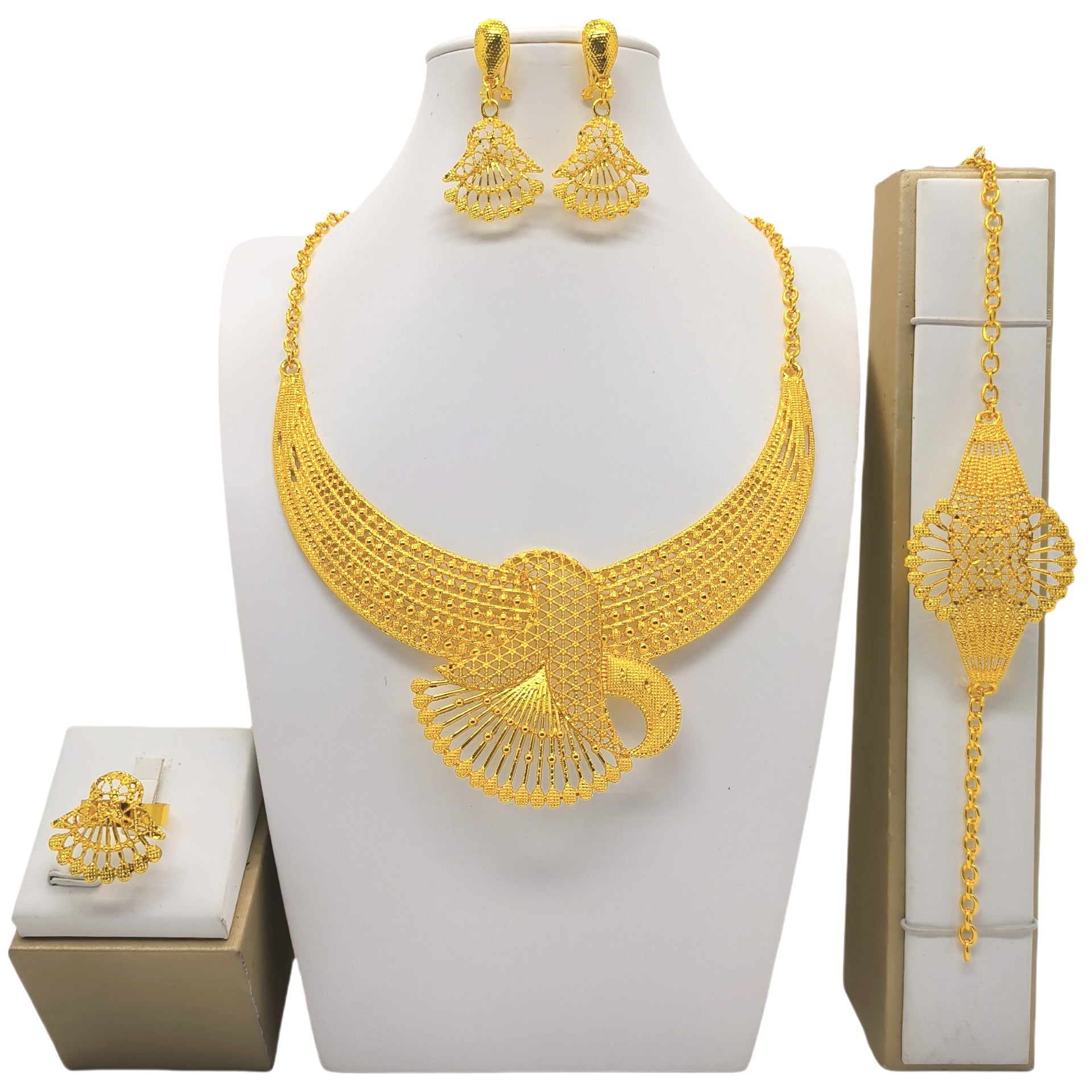 24K Gold Jewelry Set 4-piece – Necklace, Bracelet, Earrings & Ring in Luxurious Design