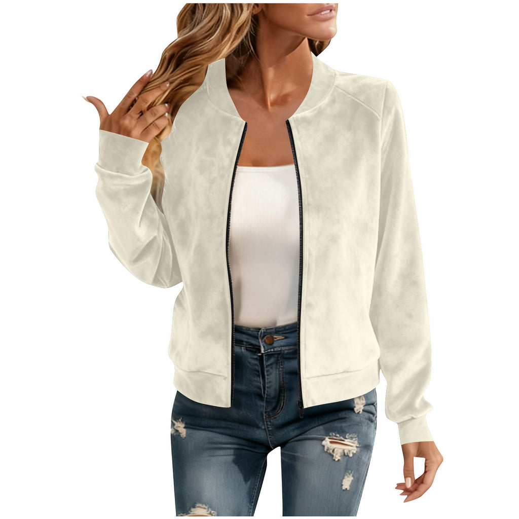Women's Suede Look Short Jacket - Fleece Lined, Zip & Round Neck
