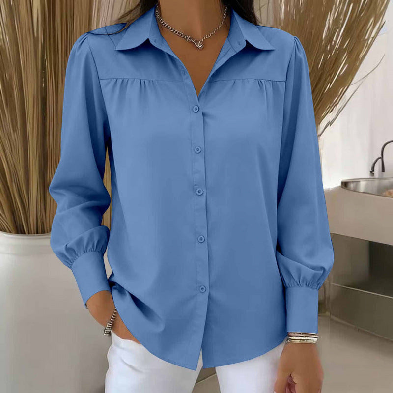 Women's Blouse with Lantern Sleeves – Solid Color, Loose & Elegant