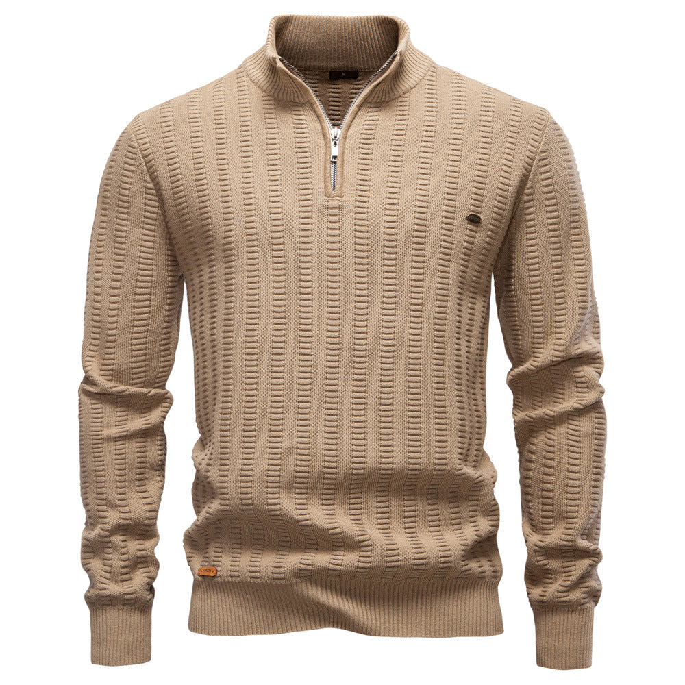 Men's Jacquard Half-Zip Pullover – Stand-Up Collar Stripe Sweater