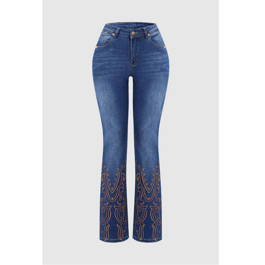 Women's Retro Stretch Jeans with Pearl Embroidery – Elegant Denim Pants