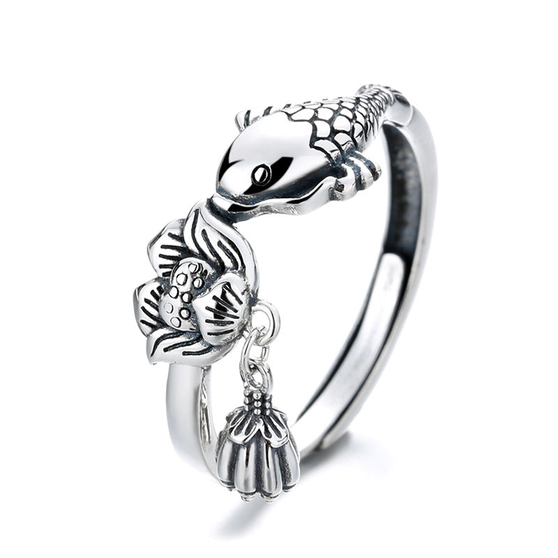 Modischer Karpfen-Lotus-Quastenring aus Sterlingsilber