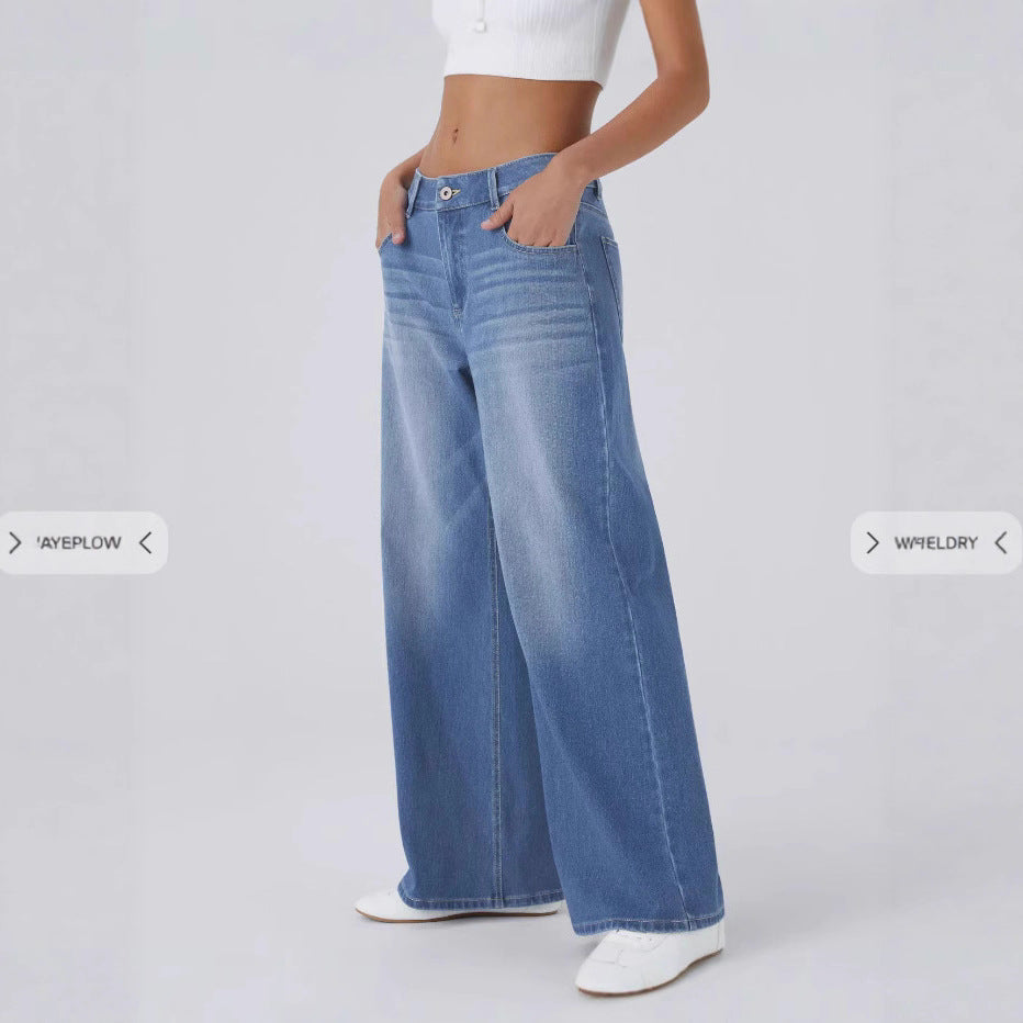 Women's Retro Wide Leg Jeans – Washed Denim with Textured Design