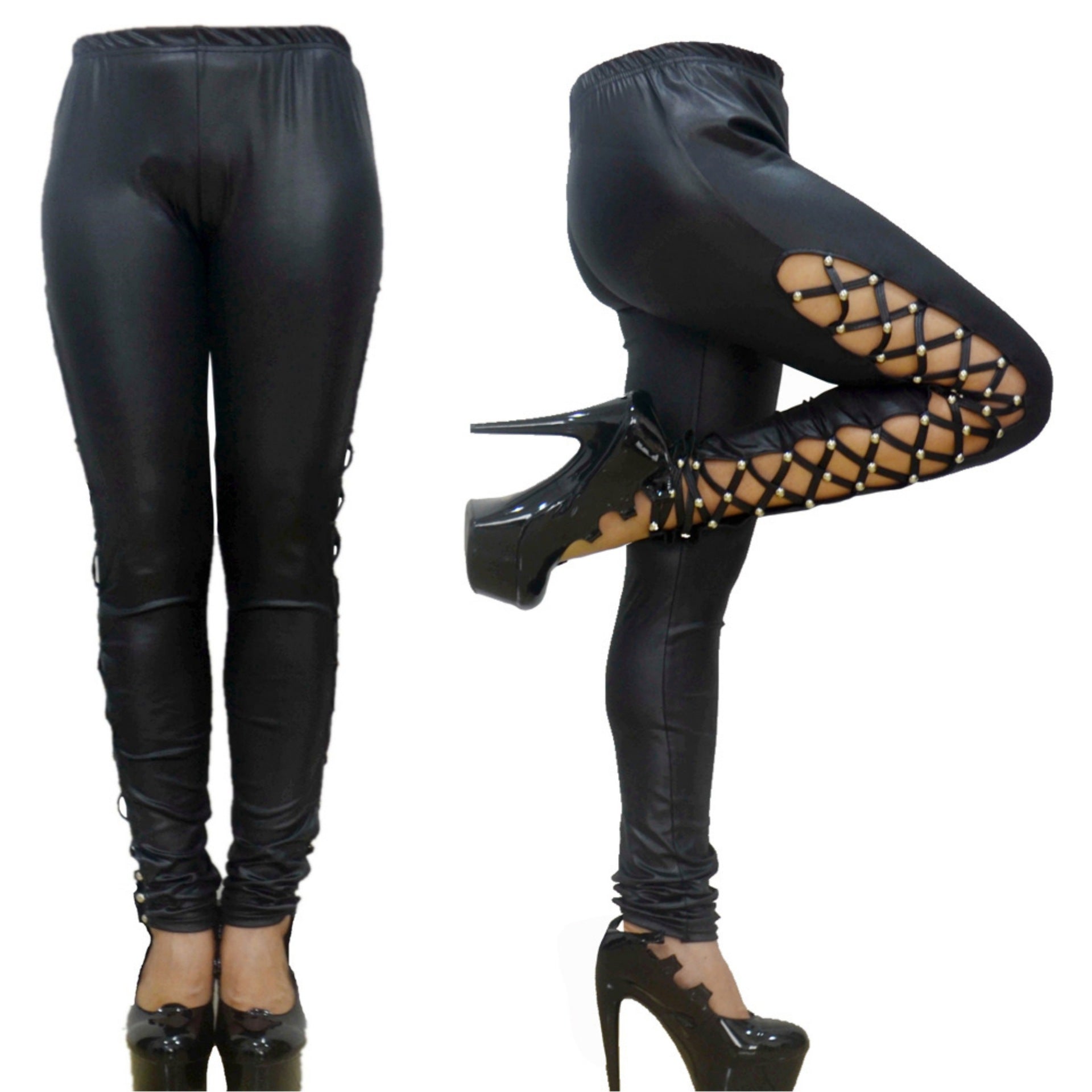 Women's Punk Faux Leather Cropped Pants – Patent Leather Look Trend Pants