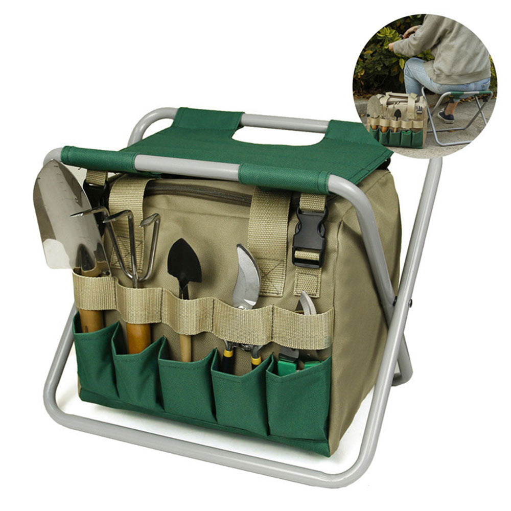 Klappbarer Gartenhocker mit Werkzeugtasche – Gartenwerkzeug Set