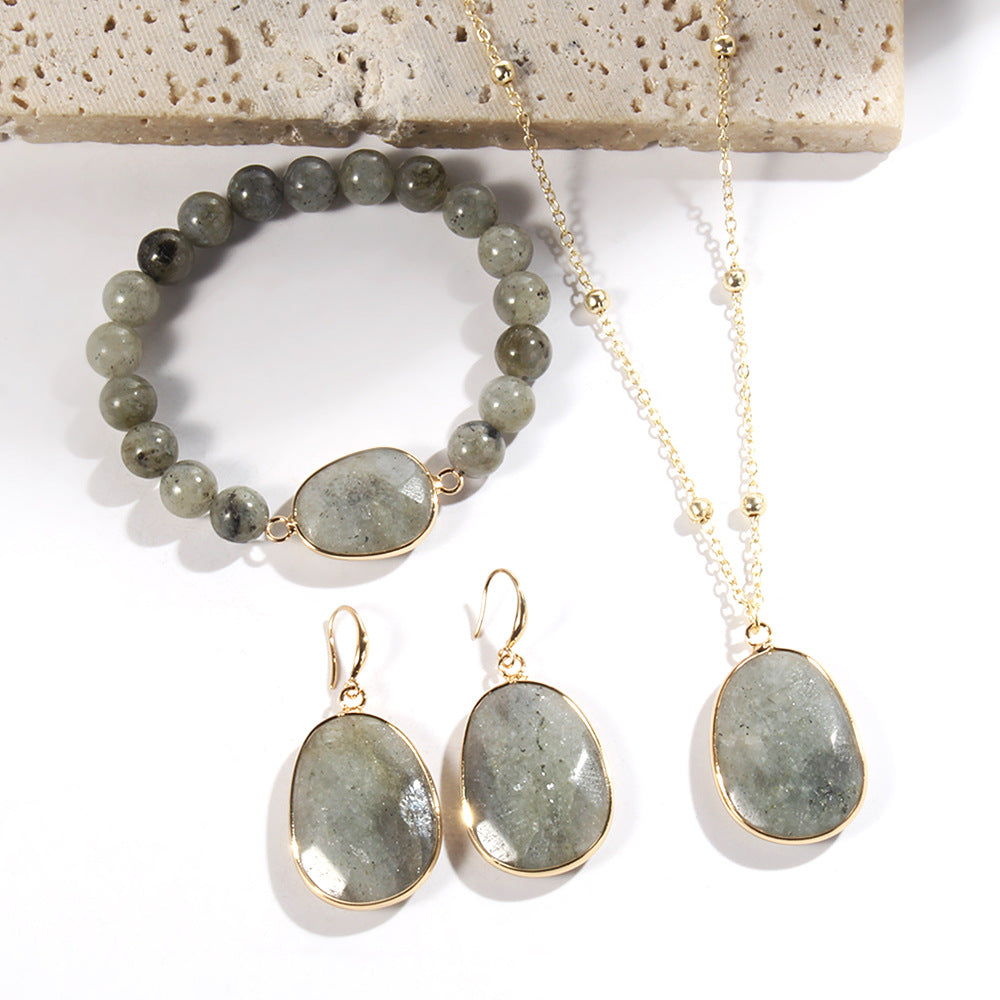 Golden Jewelry Set with Natural Stone – Necklace, Bracelet & Earrings for Women