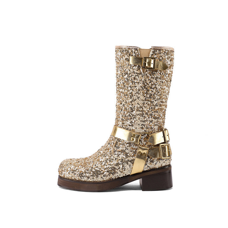 Damen Leder Mid Calf Boots – Elegante Pailletten Schnallen Stiefel