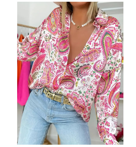 Damen Retro Print Bluse | Casual Langarmshirt Frühling