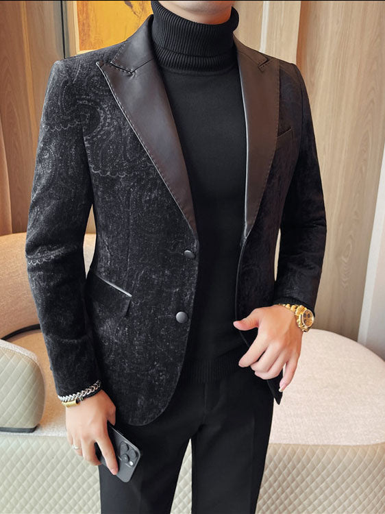 Men's Jacquard Velvet Blazer with Leather Lapels – Luxury Elegant Jacket