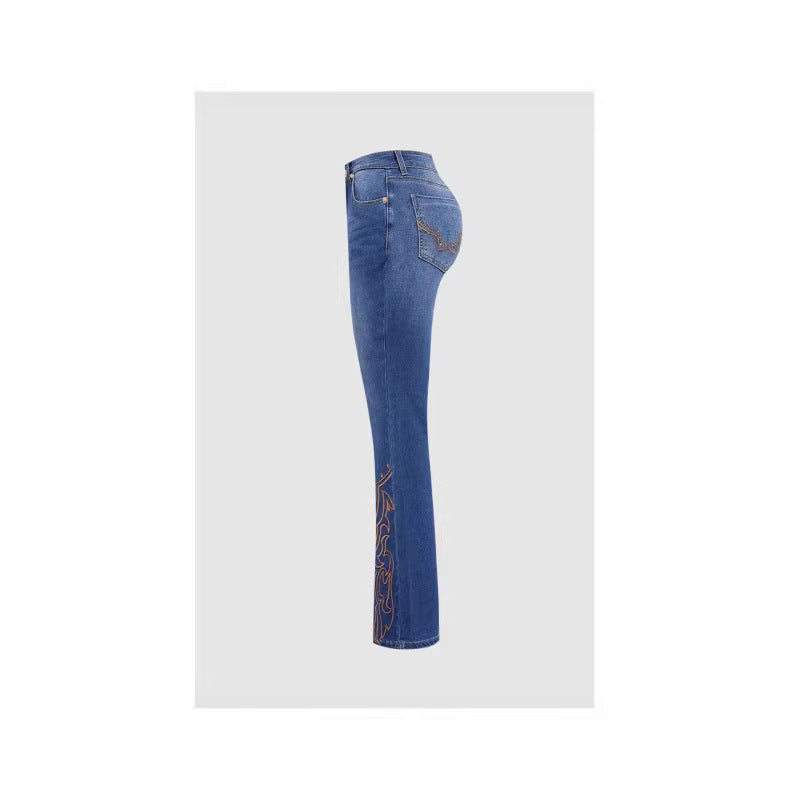 Women's Retro Stretch Jeans with Pearl Embroidery – Elegant Denim Pants
