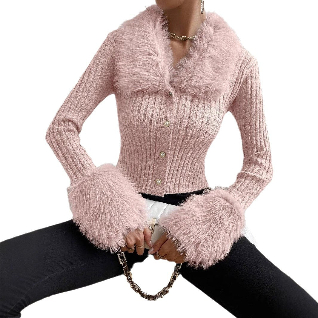 Elegant Cardigan with Fur Collar – Slim Fit V-Neck Cardigan