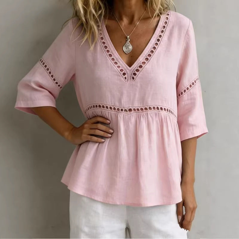 Women's V-Neck Top with Cut-Out – Fringes, Loose & Trendy