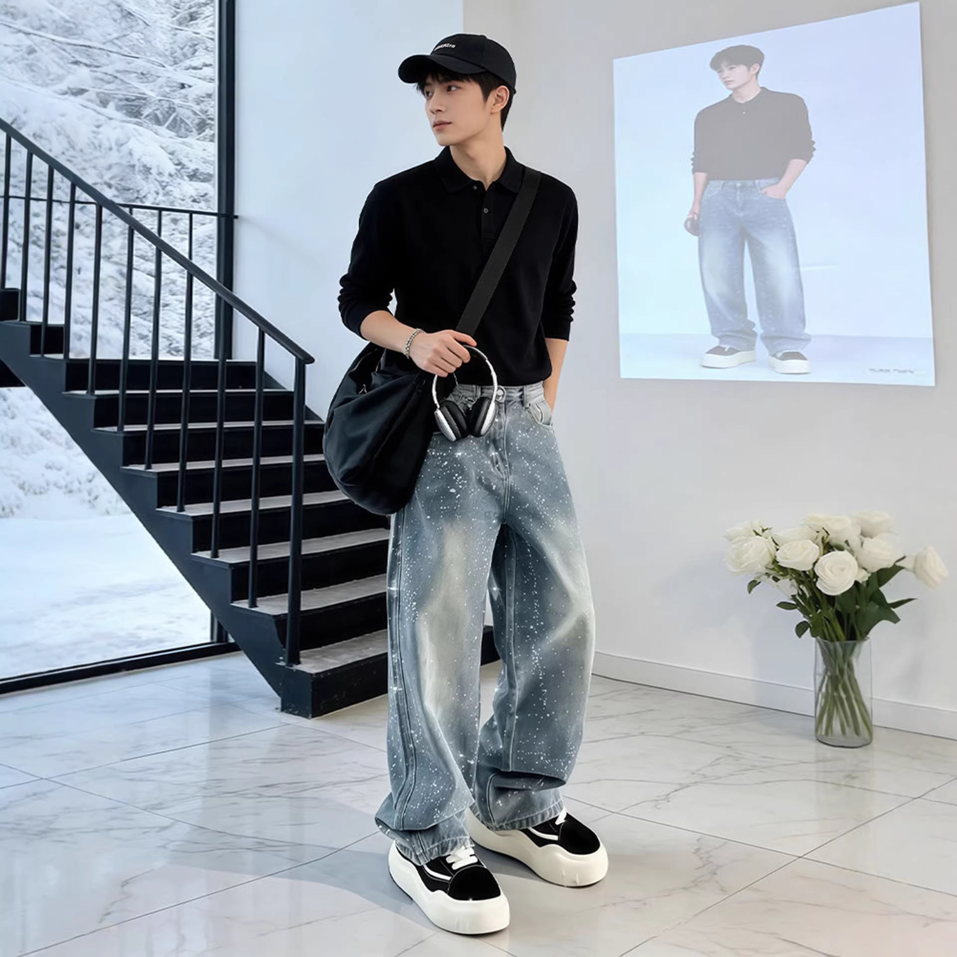Men's Stone Wash Jeans Straight Leg – Wide Leg Trend Denim Trousers