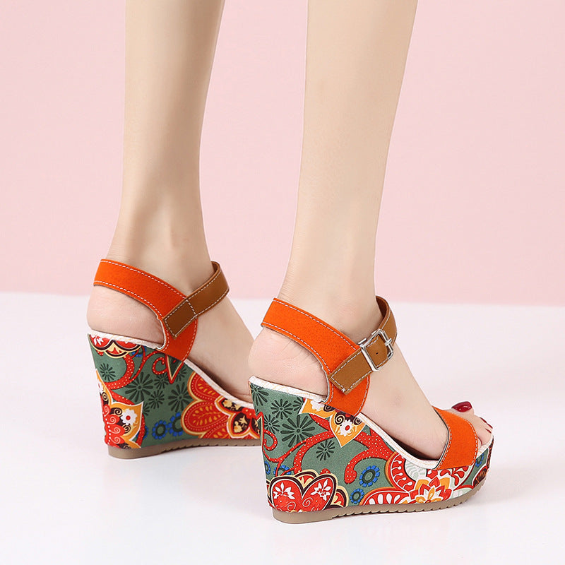 Damen Keilsandalen Blumen | Plateau Schnalle Sommer Schuhe