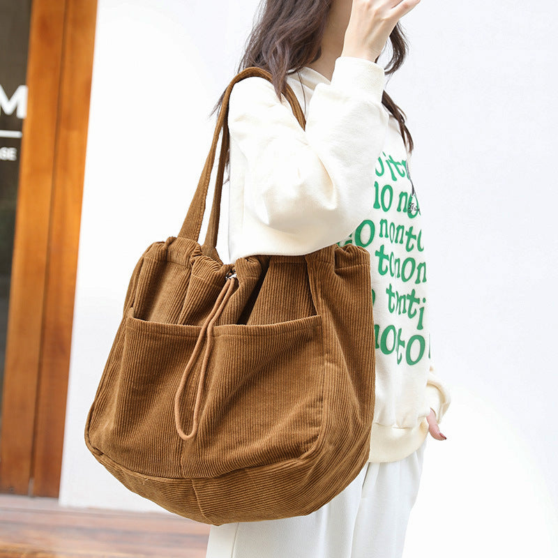 Women's Corduroy Shoulder Bag with Drawstring & Compartments