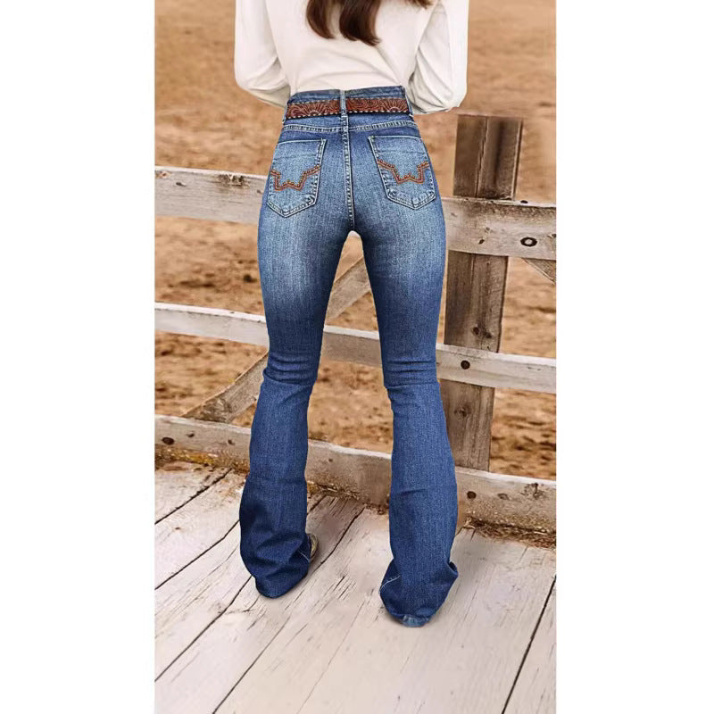 Women's Retro Stretch Jeans with Pearl Embroidery – Elegant Denim Pants