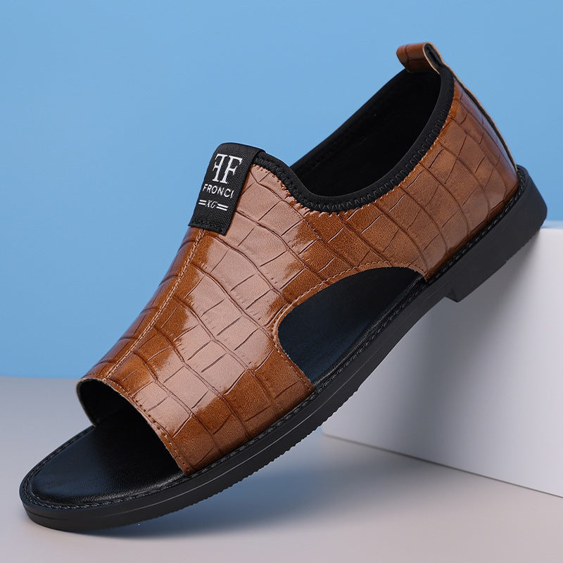 Men's Leather-Look Mules with Embossing Open Summer Sandals