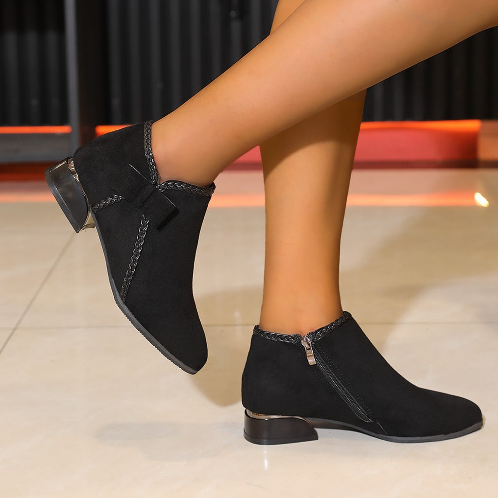 Women's Ankle Boots Pointed Toe with Bow – Elegant Side Zip Boots