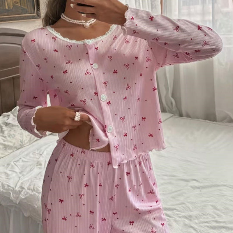 Damen Spitzen Loungewear Set – Bedruckter Zweiteiler mit Knopfleiste