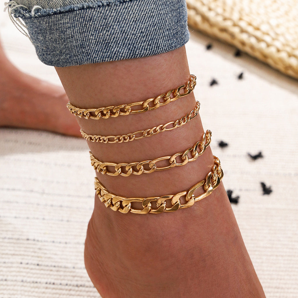 5er Set Goldene Fußketten mit Herz & Schlüssel – Trendige Damen Anklets im eleganten Design