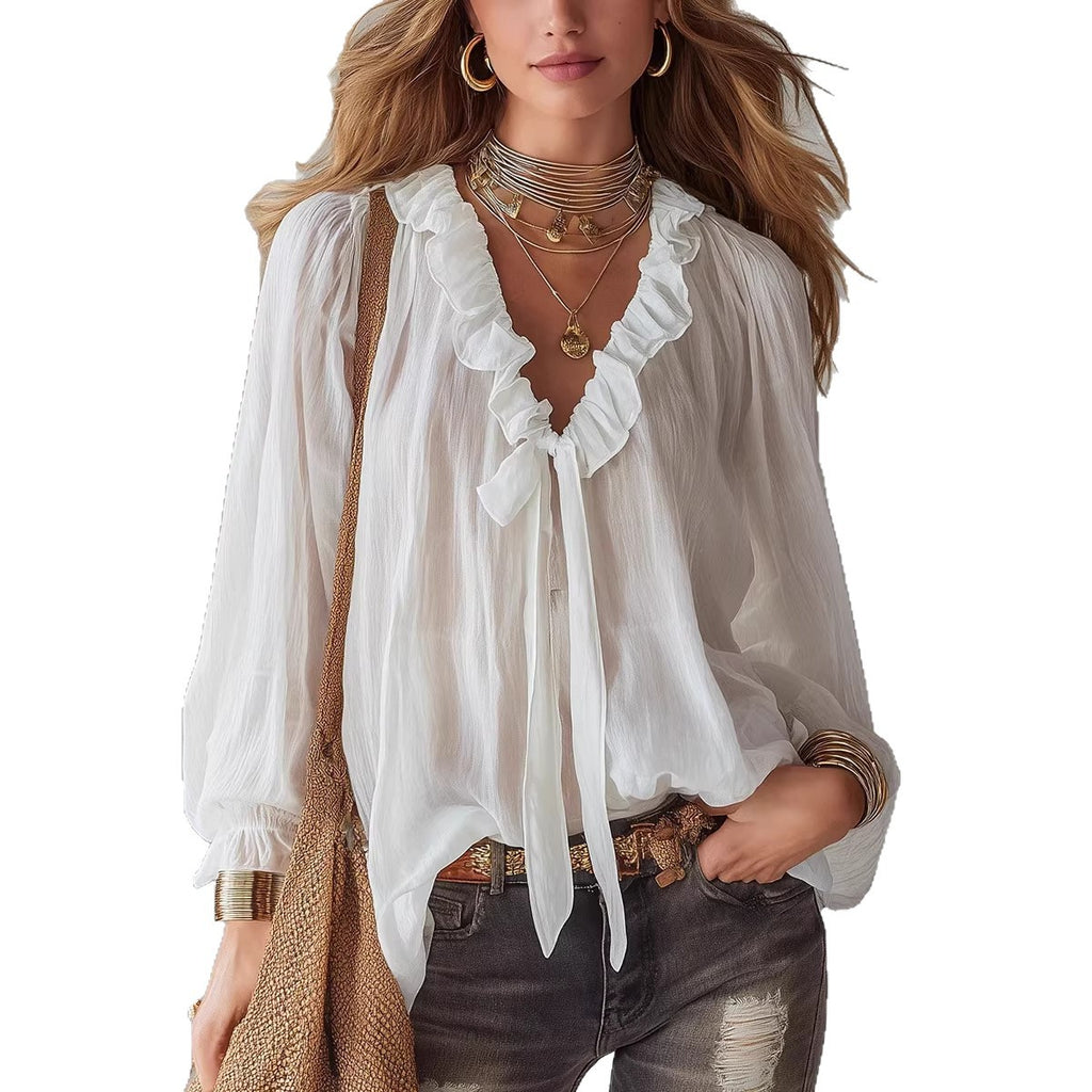 Fashionable Women's V-Neck Shirt – Loose Fit & Timelessly Elegant