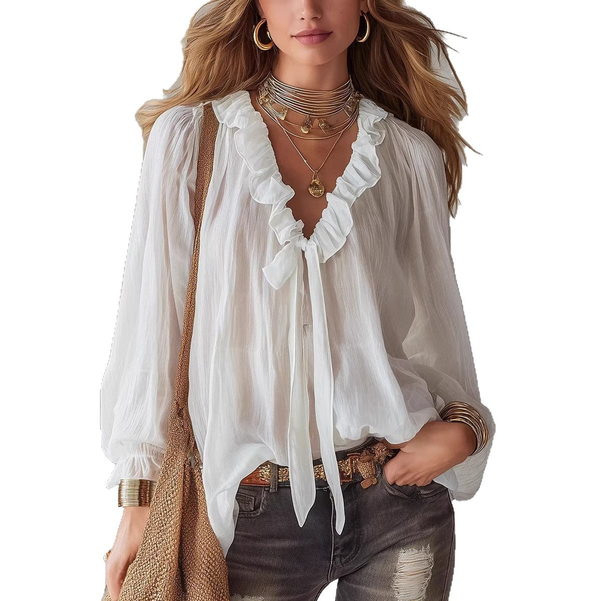 Fashionable Women's V-Neck Shirt – Loose Fit & Timelessly Elegant