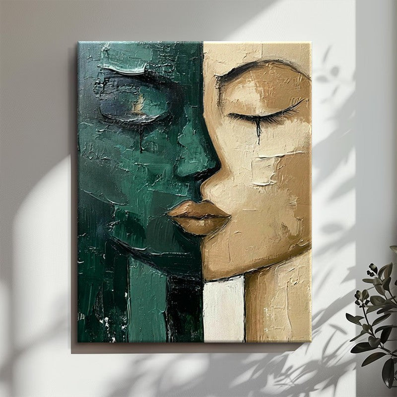 Ölbild Gesicht Grün Beige | Handgemalte Leinwand moderne Wandkunst