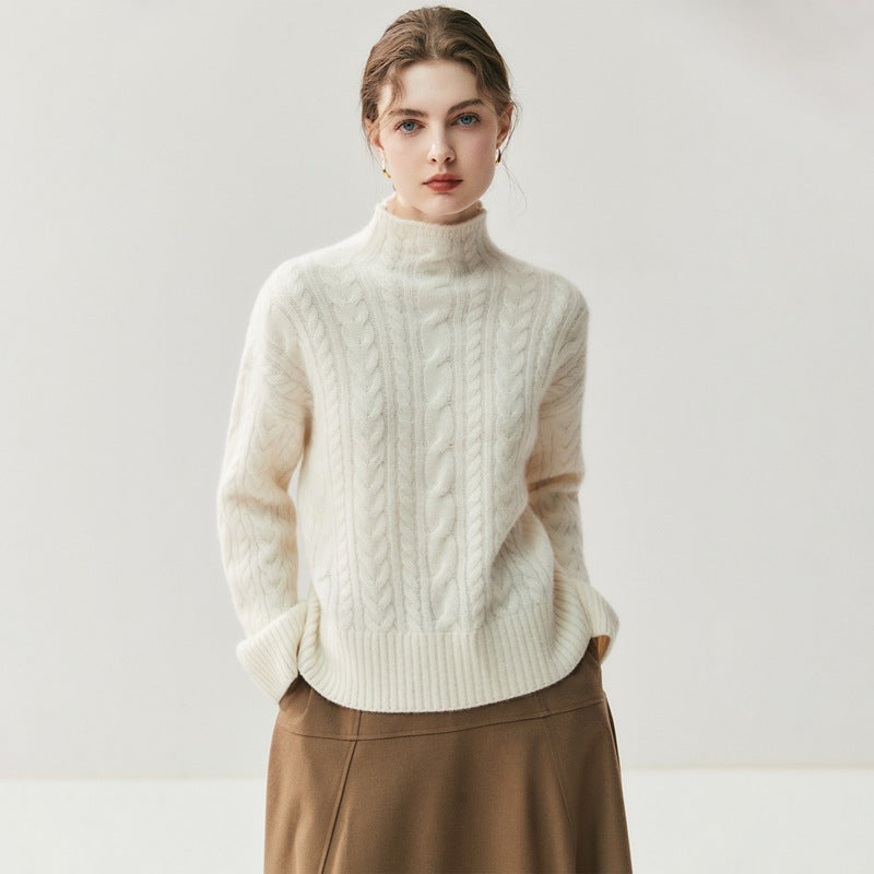 Elegant Cashmere Cable Knit Sweater – Women's Mock Neck Pullover