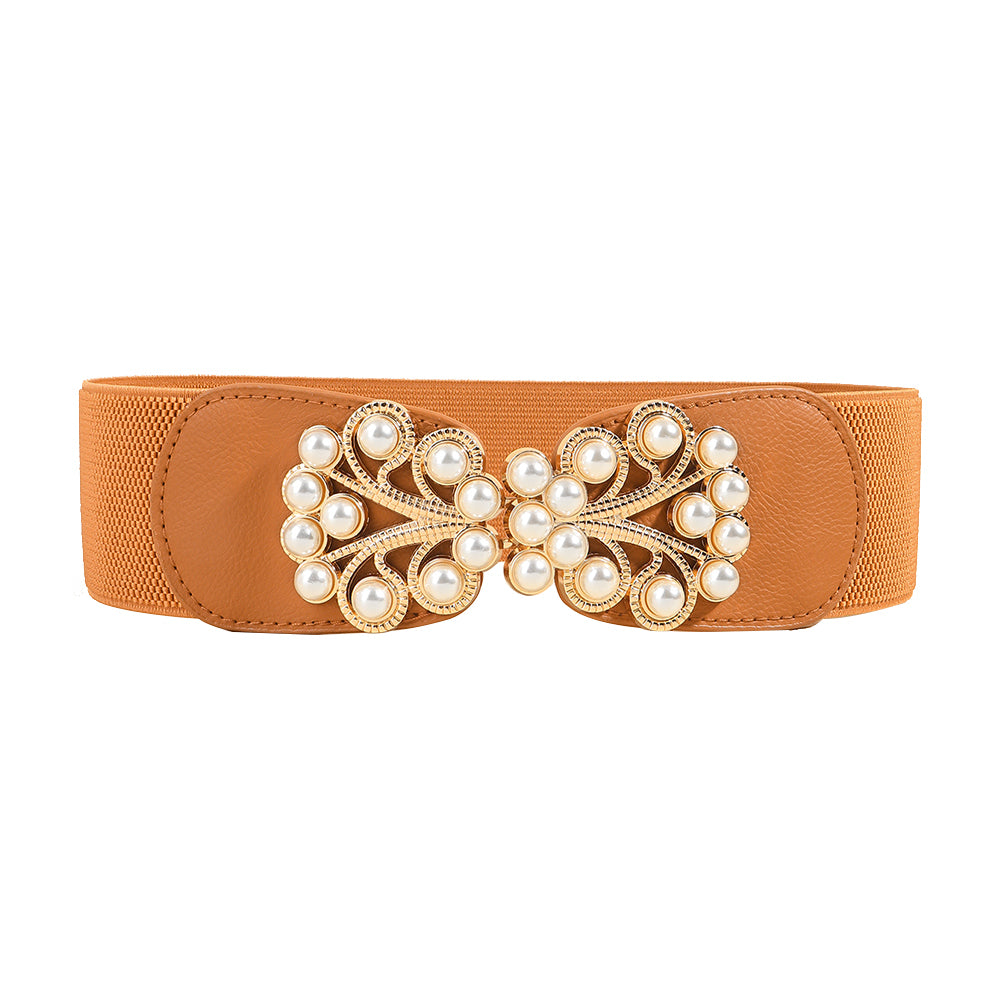 Women's Stretch Belt Wide | Elastic Pearl Buckle Elegant