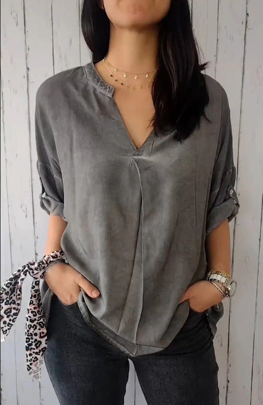 Plus Size Damenbluse Baumwolle Leinen | V-Ausschnitt Shirt