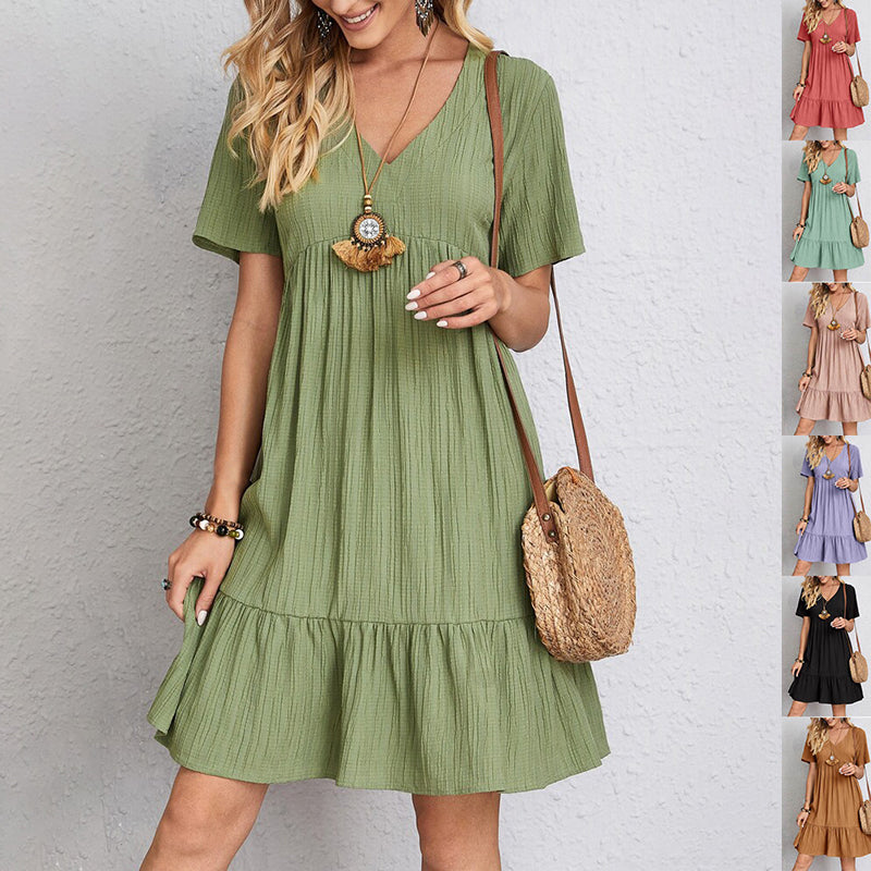 Casual V-Neck Summer Dress – Loose Ruffle Dress for Beach & Everyday Wear