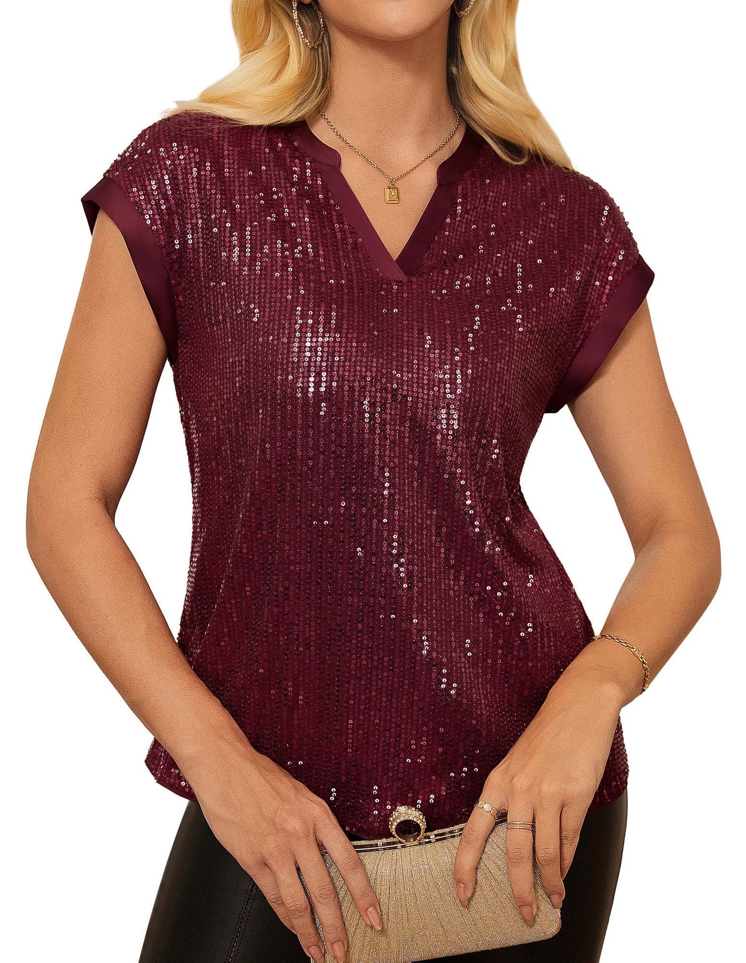Damen Pailletten Top mit V-Ausschnitt – Kurzarm Party Glamour