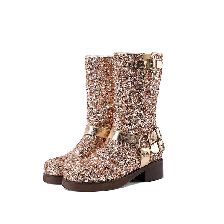 Damen Leder Mid Calf Boots – Elegante Pailletten Schnallen Stiefel