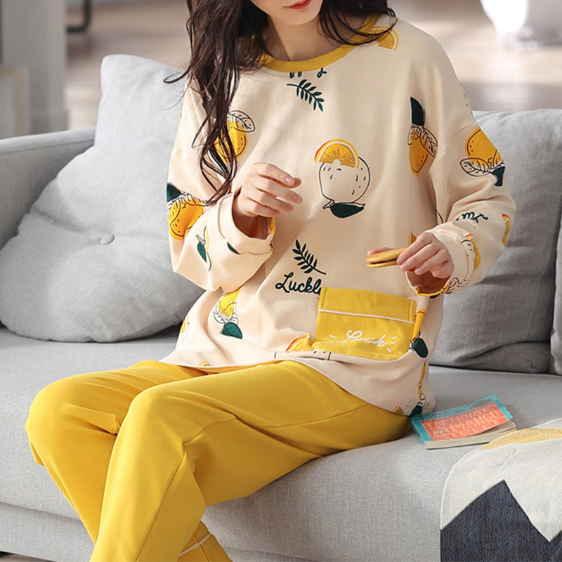 Damen Pyjama Set Print – Langarm Schlafanzug Herbst Winter