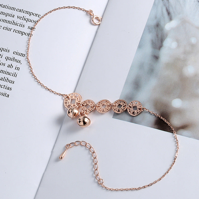 Roségold Boho Fußkettchen mit Glöckchen & Münzanhängern – Elegant