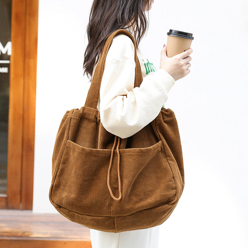 Women's Corduroy Shoulder Bag with Drawstring & Compartments