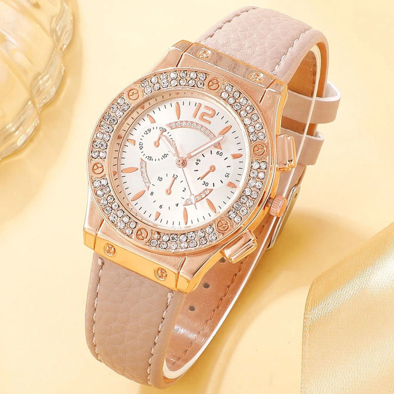 Korean Style Diamond-Embedded Fashion PU Strap Watch