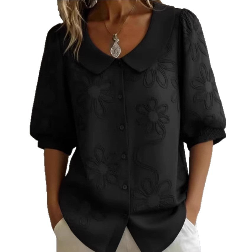 Retro Women's Blouse with 3D Floral Embroidery – Loose, Button Placket & Elegant