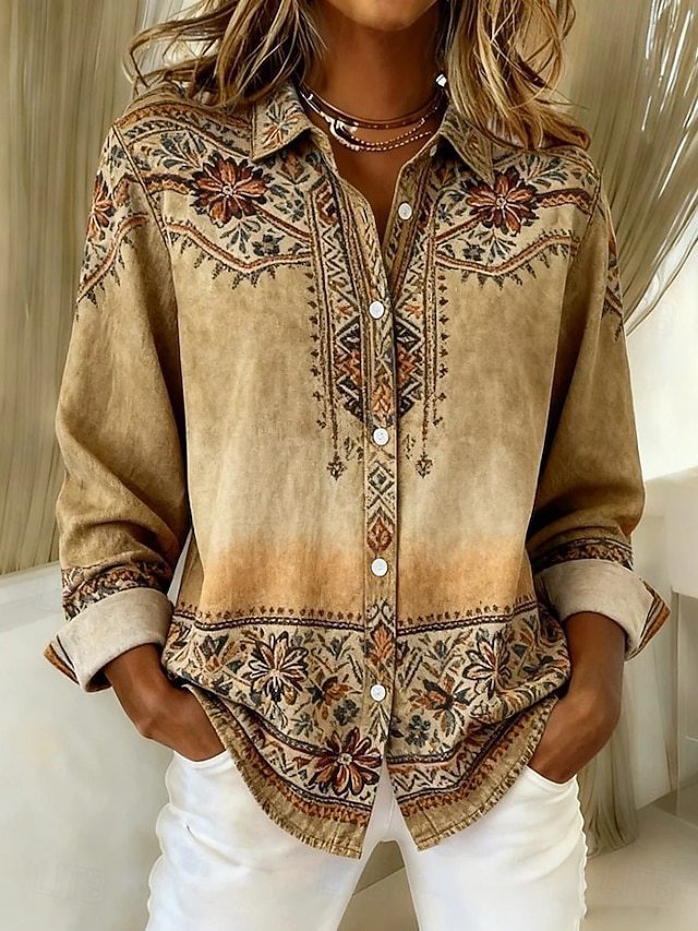 Relaxed Women's Blouse with Lapel Collar and Print – Long Sleeve & Stylish