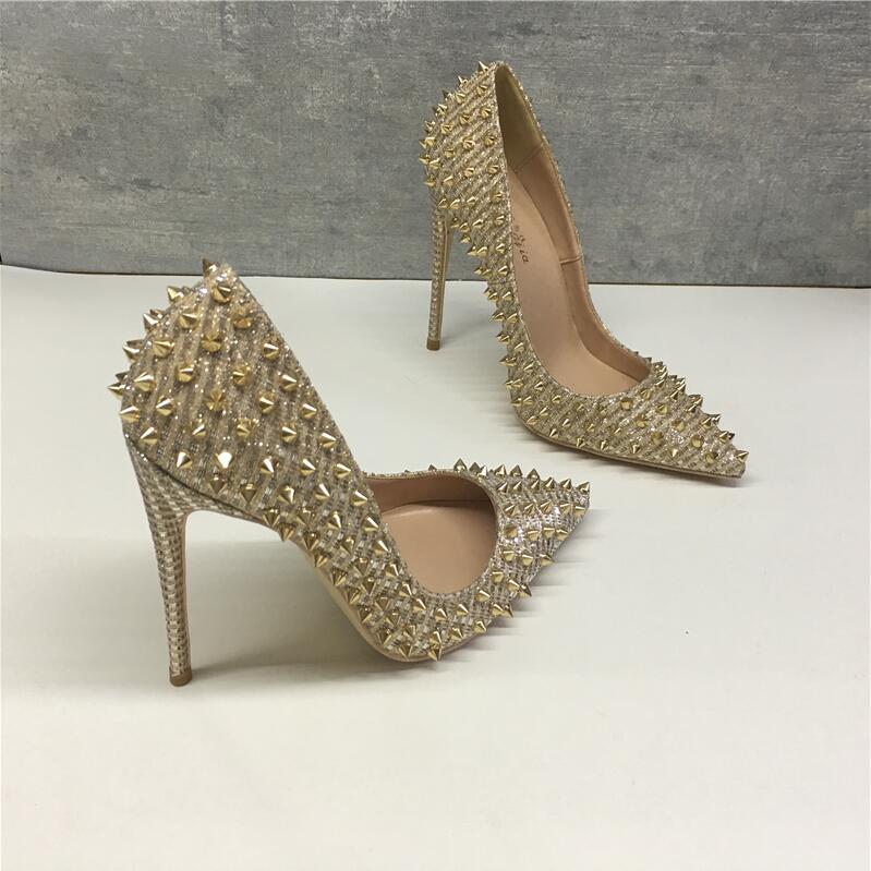 Women's Gold High Heels 12cm | Studded Mesh Design Party Shoes