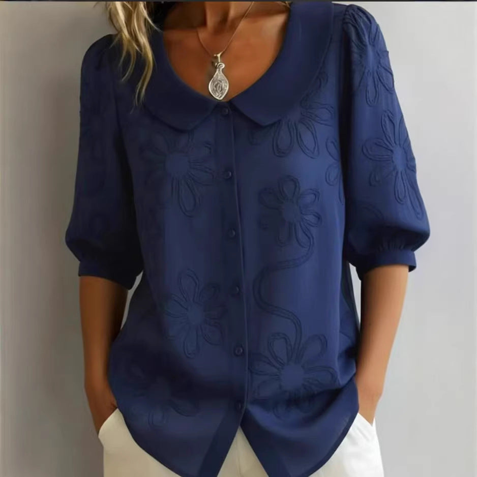 Retro Women's Blouse with 3D Floral Embroidery – Loose, Button Placket & Elegant