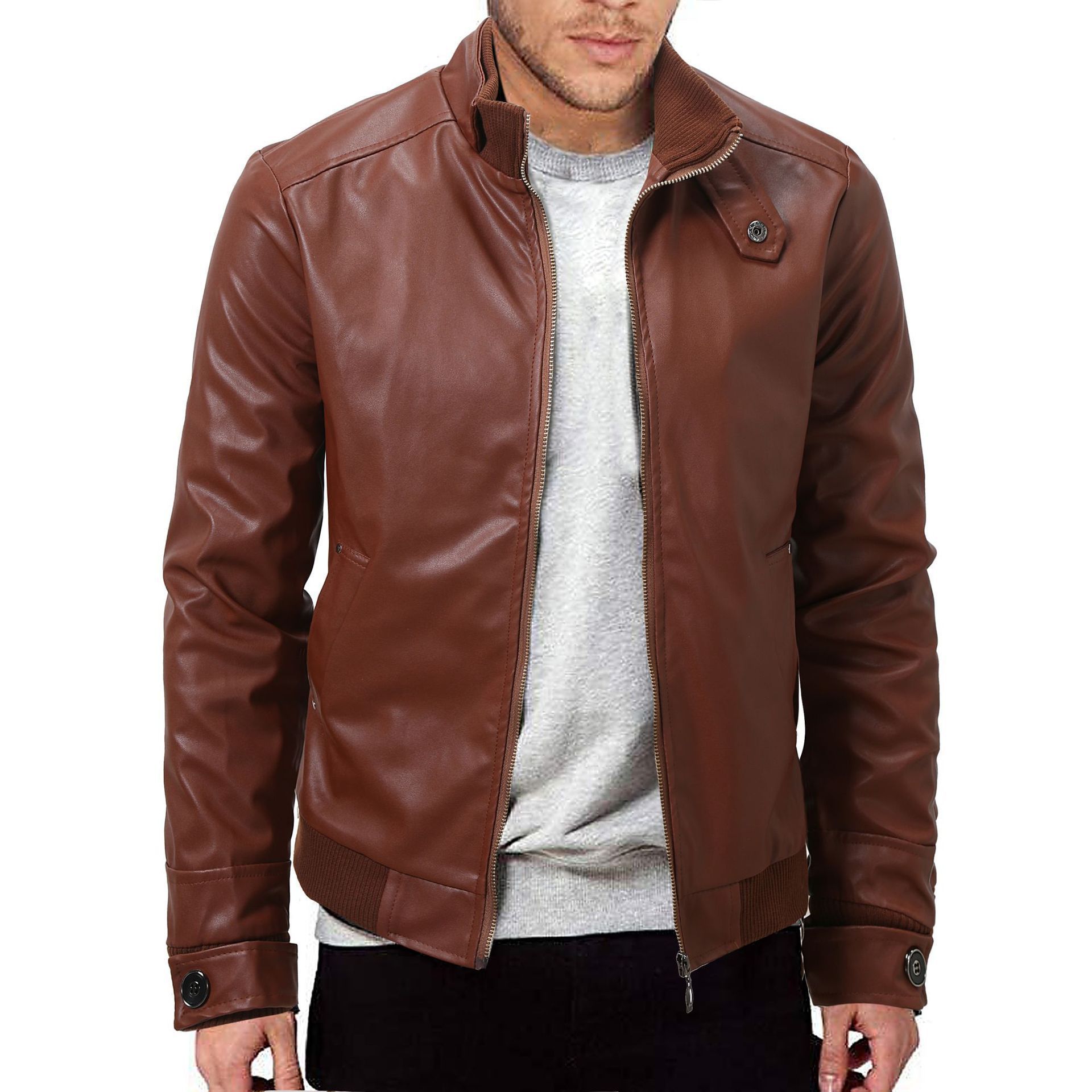 Men's Winter Leather Jacket Slim Fit - Warm Zip Jacket with Stand-Up Collar