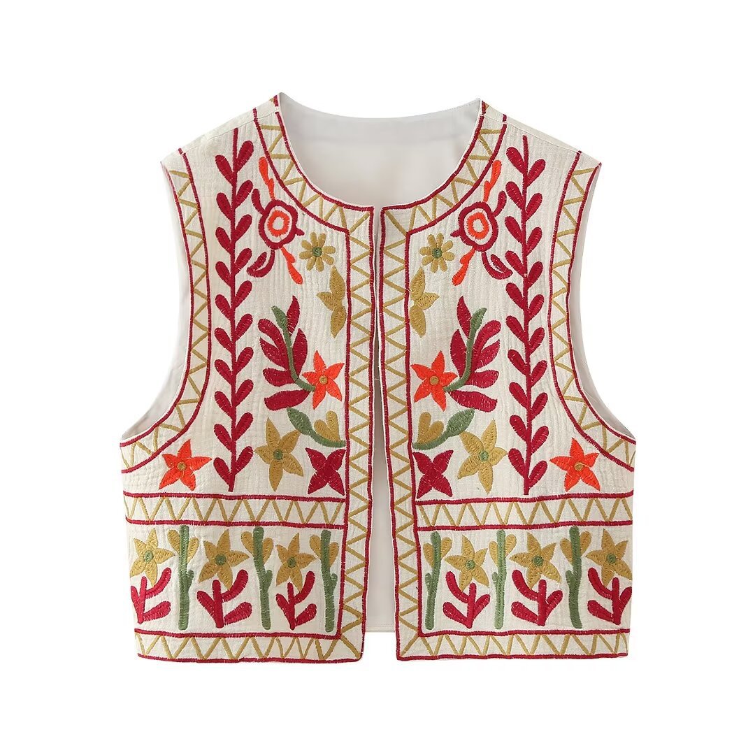 Damen Stickerei Weste | Rundhals Vintage Fashion Style