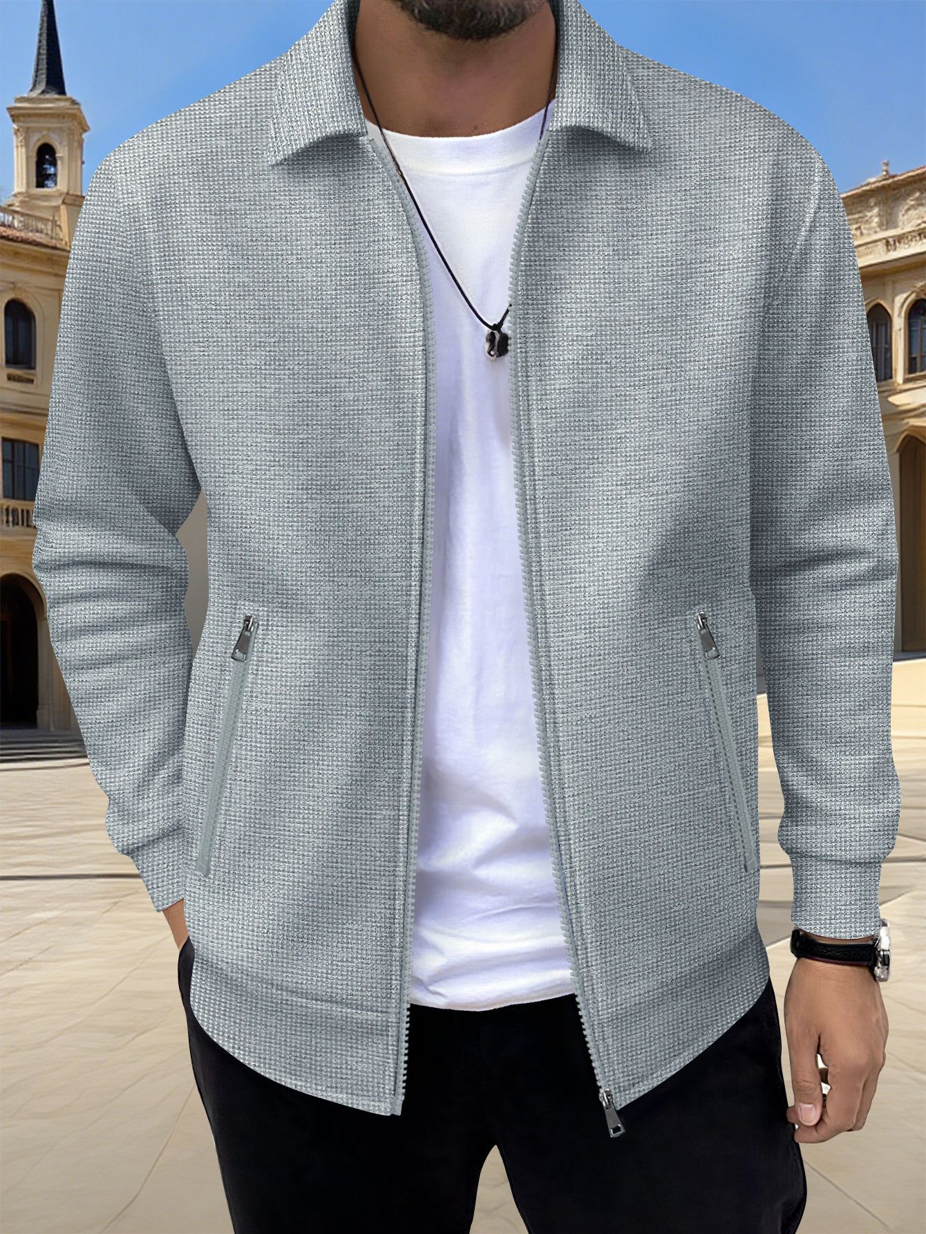 Men's Solid Zip Jacket – Stylish Long Sleeve Jacket with Pockets