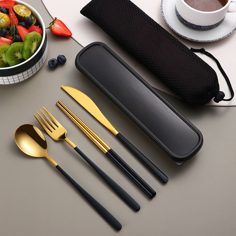 Edelstahl Besteckset Gold | Reise Camping Besteck mit Etui