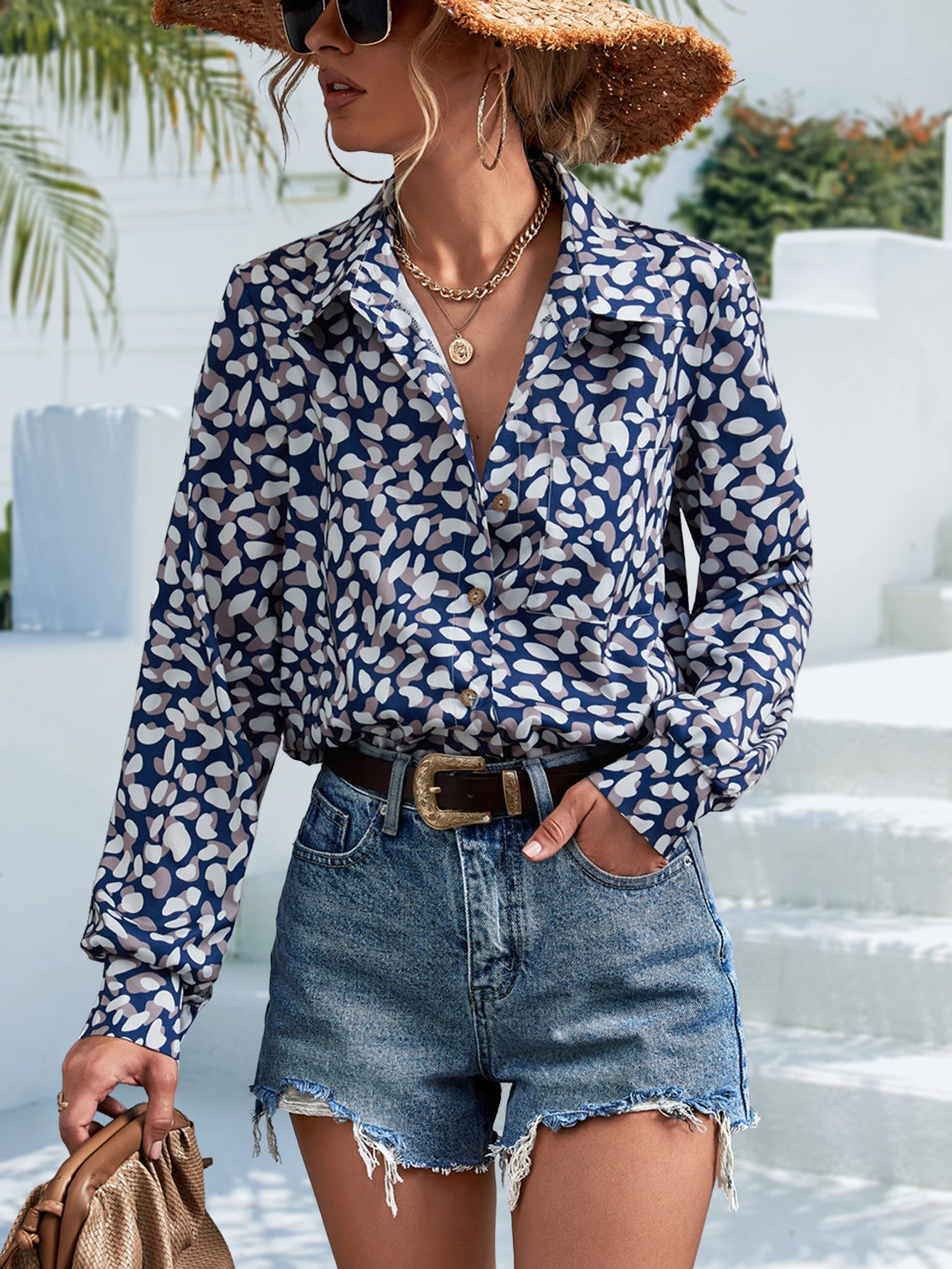 Retro Damenbluse Langarm | Elegante Bluse mit Print