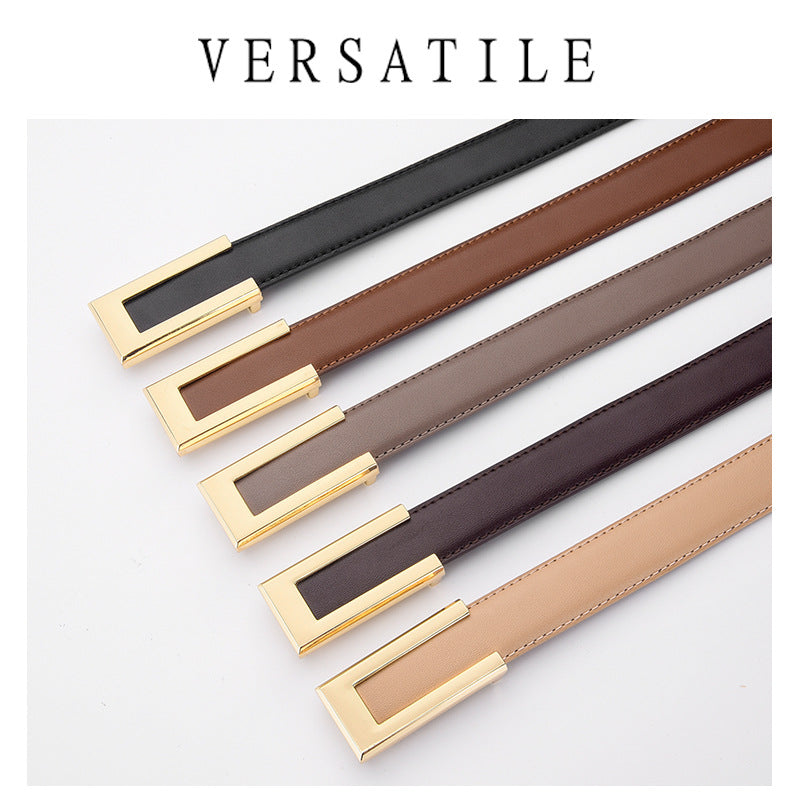 Women's Black Slim Leather Belt | Cowhide Retro Style