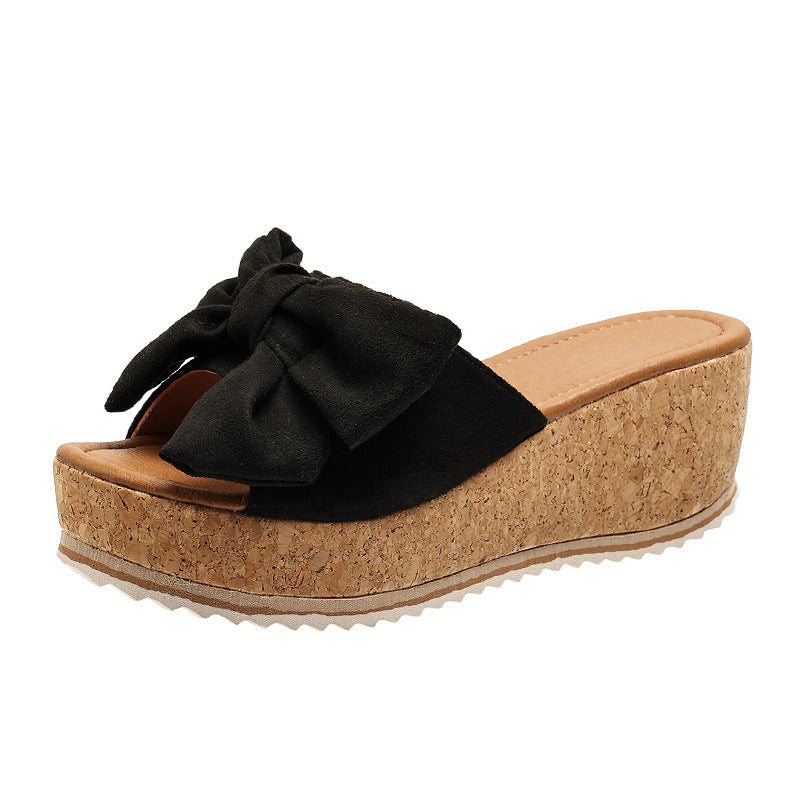 Damen Keil Pantoletten Leo | Schleife Plateau Sommer Schuhe