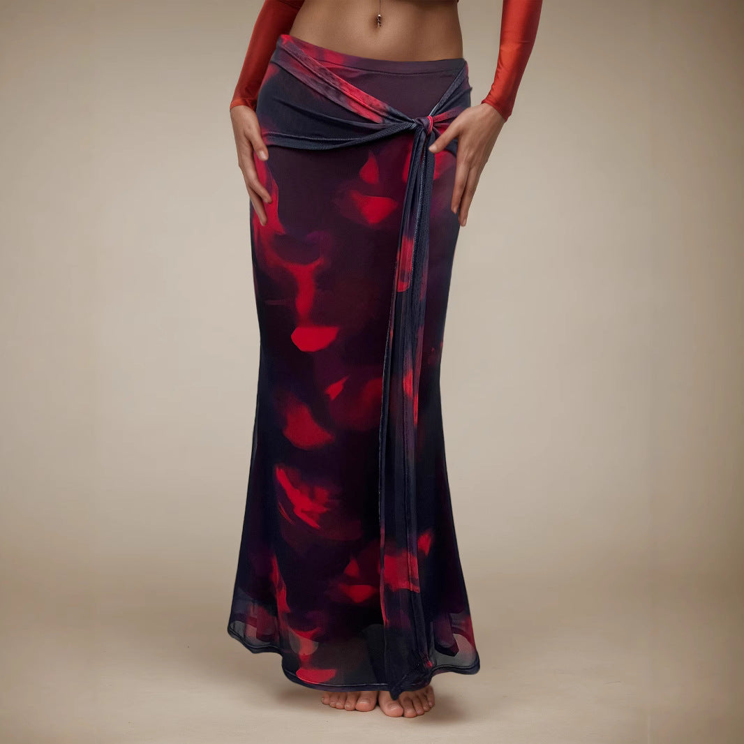Retro Print Maxirock – Figurbetonter Langer Damen Rock im Vintage Stil