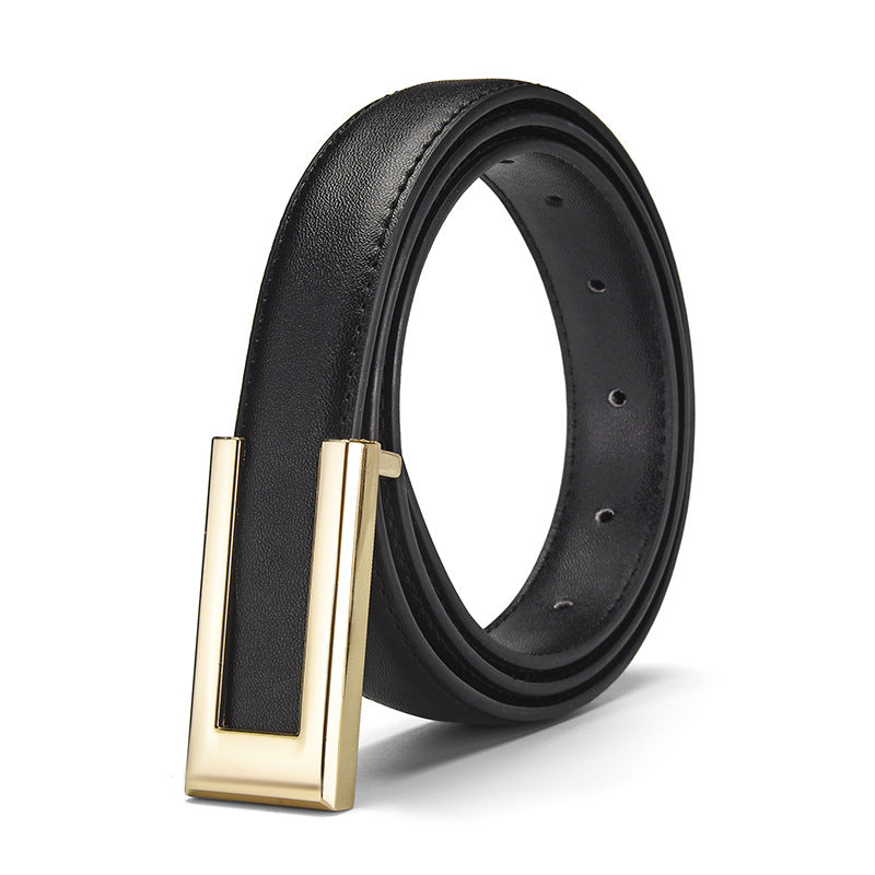 Women's Black Slim Leather Belt | Cowhide Retro Style